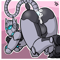 anthro anus arched_back backsack balls bedroom_eyes big_butt black_body blue_anus blue_eyes bodily_fluids butt cum cum_in_ass cum_inside digitigrade feet genital_fluids genitals glowing glowing_eyes gradient_background grey_body latex looking_at_viewer looking_back lying machine male metallic_body narrowed_eyes on_front outline paws pink_background presenting presenting_anus presenting_hindquarters raised_tail screen_eyes seductive simple_background solo tail tail_anus white_outline servopilot glaive_(stoinkedazm8) android felid feline humanoid mammal robot robot_anthro robot_humanoid 1:1 colored digital_media_(artwork) hi_res