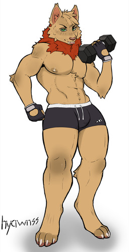 abs anthro biceps biped bulge clothed clothing dumbbell exercise exercise_equipment fluffy gloves handwear male muscular muscular_male neck_tuft pecs solo tongue tongue_out topless tuft underwear weightlifting weights workout hornyyawnss league_of_legends riot_games tencent fan_character teemo_the_yiffer mammal yordle absurd_res hi_res
