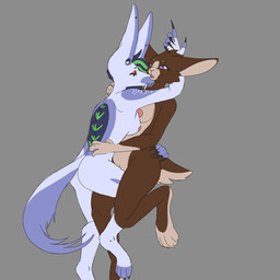 ambiguous_gender animal_legs anthro areola belly black_claws blue_body blue_breasts blue_ears blue_fur blue_hair blue_hands blue_markings blue_paws blue_tail breasts brown_body brown_ears brown_fur buckteeth claws countershade_tail countershade_torso countershading digitigrade duo ear_piercing fangs female female/ambiguous fur gauged_ear genitals green_highlights green_markings grinding grinding_on_leg hair highlights_(coloring) holding_another hug hugging_another looking_at_another looking_pleasured markings nipples no_pawpads open_mouth paws piercing pink_areola pink_nipples rabbit_ears rabbit_nose sabertooth_(anatomy) scar scut_tail self-harm_scars short_tail side_shave tail tan_belly tan_breasts tan_hands tan_markings tan_muzzle tan_paws tan_vulva teeth vulva we_are_crow crow_(we_are_crow) borzoi canid canine canis chimera domestic_dog hunting_dog hybrid lagomorph leporid mammal rabbit sighthound absurd_res digital_drawing_(artwork) digital_media_(artwork) flat_colors hi_res
