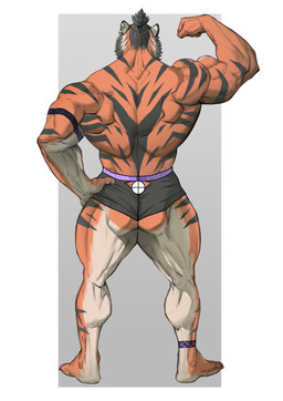 ankle_tattoo anthro arm_tattoo back_muscles barefoot border butt deltoids ear_piercing ear_ring ear_stud facial_hair feet flexing flexing_bicep forearm_muscles fur goatee grey_background hair leg_tattoo male multicolored_body multicolored_fur muscular muscular_anthro muscular_male piercing ponytail rear_view ring_piercing serratus short_ponytail simple_background solo striped_body striped_fur stripes tattoo vein veiny_muscles white_body white_border white_fur kaytormmash kay_(kaytormmash) felid mammal pantherine tiger 2023 absurd_res hi_res