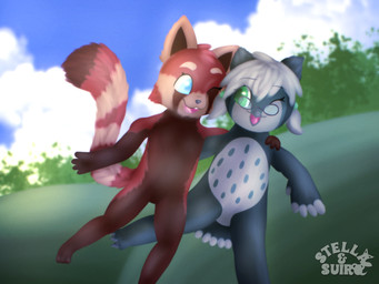 anthro band_(marking) banded_tail big_tail blue_body blue_eyes blue_feathers cloud detailed_background duo eyewear eyewear_only facial_markings feathers female female/female frolicking fur glasses glasses_only green_eyes hair hand_around_waist hand_on_shoulder happy_birthday head_markings holding_each_other markings mask_(marking) multicolored_body multicolored_feathers multicolored_fur multicolored_tail nude outside red_body red_fur sky tail tail_feathers tail_markings two_tone_body two_tone_feathers wearing_glasses white_body white_feathers white_hair young young_anthro stellaamoris aiko_(infamousrel) fukiyo_(pokeandpenetrate) ailurid avian bird mammal owl red_panda 4:3 absurd_res digital_media_(artwork) digital_painting_(artwork) hi_res painting_(artwork)