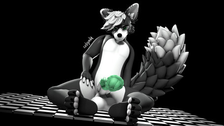 4_toes angry animal_genitalia animal_penis anthro balls big_balls big_tail black_background black_body black_fur checkered checkered_floor dutch_angle equine_genitalia equine_penis erection feet flared_penis fur genitals green_eyes green_penis hair hand_on_leg hand_on_own_leg hand_on_own_thigh hand_on_thigh inner_ear_fluff looking_at_viewer male mismatched_genitalia mismatched_penis pawpads pecs penis short_hair simple_background sitting sitting_on_ground solo spread_legs spreading tail toes tuft vein veiny_penis white_body white_hair zelyonka canid canine fox mammal 16:9 3d_(artwork) 4k absurd_res digital_media_(artwork) hi_res source_filmmaker_(artwork) watermark widescreen