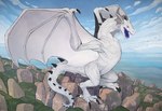 ambiguous_gender black_wings blue_sky blue_tongue cloud detailed_background ear_frill fangs feral frill_(anatomy) grey_horn horn membrane_(anatomy) membranous_wings open_mouth outside red_eyes rock scales side_view sky solo spread_wings teeth tongue white_body white_scales white_wings wings khyaber mythology dragon mythological_creature mythological_scalie scalie 2024 dated signature