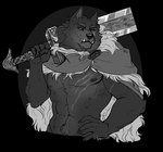 abs anthro black_background cape claws clothed clothing fangs fur greatsword hand_on_hip looking_at_viewer male midriff muscular muscular_male nipples partially_clothed pecs scar simple_background solo standing teeth weapon vectober elden_ring fromsoftware blaidd_(elden_ring) canid canine canis mammal wolf greyscale hi_res monochrome