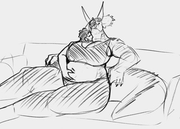 anthro belly_grab big_breasts breasts claws clothed clothing duo eyes_closed facial_horn female female_anthro finger_claws front_view furniture horn hug huge_breasts human_on_anthro interspecies male male/female male_human mouth_closed non-mammal_breasts nose_horn on_sofa overweight overweight_anthro overweight_female panties sitting sofa tail topwear underwear jezzlen ceratopsian ceratopsid chasmosaurine dinosaur human mammal marginocephalian ornithischian prehistoric_species reptile scalie triceratops monochrome sketch