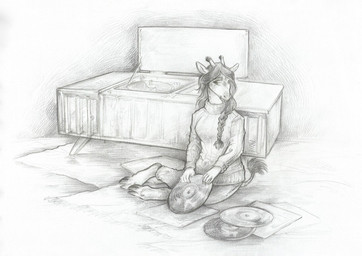 anthro bottomwear braided_hair clothing cloven_hooves electronics female hair holding_object hooves horn lidded_eyes looking_at_viewer markings mid-century_modern ossicone pants pose radio record record_player retro sitting smile solo spots spotted_markings sweater tail tail_tuft topwear tuft turtleneck vintage vinyl_record taski_guru gracey_halvenka giraffe giraffid mammal 2020 graphite_(artwork) monochrome sketch traditional_media_(artwork)