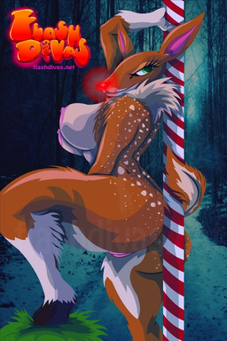 anthro big_breasts big_butt biped blue_eyes breasts butt crossgender female genitals holidays hooves nipples nude outside pole pose solo spots standing thick_thighs vulva wide_hips chriscrazyhouse christmas rudolph_the_red-nosed_reindeer deer mammal new_world_deer reindeer