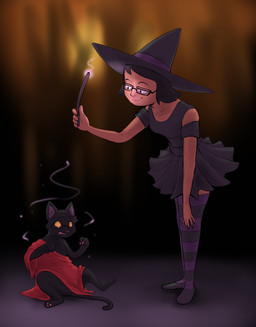 ambiguous_gender black_body black_clothing black_dress black_footwear black_fur black_hair breasts clothing dress duo eyewear female feral footwear fur glasses hair hat headgear headwear holding_object holding_wand legwear looking_down magic open_mouth pattern_clothing pattern_legwear pattern_stockings pawpads red_clothing red_shirt red_topwear shirt shoes simple_background size_difference smile stockings striped_clothing striped_legwear striped_stockings stripes surprised tail topwear transformation wand witch_hat subakitsu domestic_cat felid feline felis human mammal 2018 hi_res