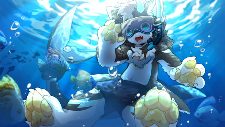2_horns anthro black_body black_fur blue_eyes blue_horn bottomwear clothed clothing eyewear eyewear_on_head fur goggles goggles_on_head horn looking_at_viewer male shorts shorts_only solo topless underwater water white_body white_fur hlg7777 mythology fructose_(fructose_c) dragon furred_dragon furred_scalie mythological_creature mythological_scalie scalie 16:9 2025 hi_res widescreen
