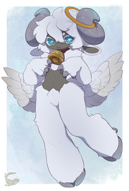 anthro bell bell_collar blue_eyes collar feathered_wings feathers hair halo hooves male sheep_horns solo white_hair white_hooves white_wings wings mochiri bovid caprine mammal sheep absurd_res hi_res