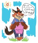 anthro apron blush bottomwear clothing dialogue male pants shirt slightly_chubby solo sun text topwear mcthundergoose disney zootopia gideon_grey canid canine fox mammal red_fox true_fox 2016 english_text