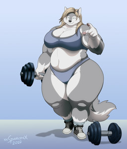 anthro belly big_breasts black_clothing black_footwear blue_clothing blue_footwear blue_socks breasts cleavage clothed clothing collarbone countershade_tail countershade_torso countershading exercise female footwear fur gesture gloves_(marking) grey_arms grey_body grey_breasts grey_countershading grey_ears grey_fingers grey_fur grey_hands grey_legs grey_tail hair hand_gesture holding_object looking_at_viewer markings midriff overweight overweight_female pointing shadow socks solo tail thick_thighs wide_hips xxsparcoxx sophia_(xxsparcoxx) canid canine canis mammal wolf 2022 absurd_res full-length_portrait hi_res portrait signature