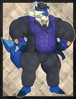 2_toes 3_fingers accessory anthro anthrofied arms_bent barefoot black_bottomwear black_clothing black_hat black_headwear black_pants black_suit blonde_facial_hair blonde_goatee blonde_mustache blue_body blue_claws blue_clothing blue_fur blue_necktie blue_tail blue_topwear blue_vest bottomwear claw_fingers claws closed_smile clothed clothed_anthro clothing facial_hair fangs feet fingers flat_cap fully_clothed fully_clothed_anthro fur goatee green_eyes hat headgear headwear jewelry key light male male_anthro mouth_closed muscular muscular_anthro muscular_male mustache necklace necktie outline pants red_nose simple_background smile solo standing suit tail teeth tight_bottomwear tight_clothing tight_pants toe_claws toes topwear vest white_dress_shirt white_outline seaserpenttailor nintendo pokemon cooper_(silverchevalier) fan_character generation_5_pokemon pokemon_(species) samurott 2024 colored digital_drawing_(artwork) digital_media_(artwork) english_description full-length_portrait hi_res lighting portrait shaded
