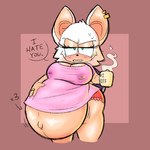 angry annoyed anthro belly beverage big_belly big_breasts blush bodily_fluids breasts cleavage clothed clothing coffee coffee_mug ear_piercing female fur green_eyes panties piercing pregnant ring shirt solo steam sweat topwear underwear white_body white_fur wings woopwoomp sega sonic_the_hedgehog_(series) rouge_the_bat bat mammal 1:1 low_res