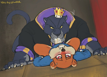 all_fours anthro big_power_bottom black_body black_fur blush blush_lines bodily_fluids bottomless bottomless_anthro bottomless_male cheek_tuft clothed clothed_sex clothing crown cum cum_in_mouth cum_inside cum_on_own_penis cum_on_penis cum_on_self dominant dominant_anthro dominant_male duo eagle_spread_blowjob ear_tuft ejaculation erection eye_roll eyebrows facial_tuft fellatio front_view fur genital_fluids genitals half-closed_eyes head_back head_in_crotch headgear heart_eyes heart_symbol hoodie humanoid_genitalia humanoid_penis king larger_sub looking_pleasured lying lying_on_ground male male/male muscular muscular_anthro muscular_male narrowed_eyes on_back on_ground open_mouth oral oral_penetration orange_body orange_fur orgasm penetration penile penile_penetration penis penis_in_mouth power_bottom raised_eyebrows raised_tail robe royalty seductive sex size_difference small_top_big_bottom smile smirk smug smug_face smug_grin spread_legs spreading submissive submissive_anthro submissive_male sucked_silly sucking sweat sweatdrop tail topwear tuft vhkansfweer conker's_bad_fur_day rareware conker panther_king felid mammal pantherine rodent sciurid tree_squirrel