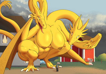 3_heads anthro barn big_breasts big_butt breasts building butt butt_from_the_front claws cloud crossgender crouching curvy_figure duo female genitals horn house huge_breasts larger_female long_neck looking_up macro male membrane_(anatomy) membranous_wings mtf_crossgender multi_head nipples non-mammal_breasts non-mammal_nipples outside scales sitting size_difference sky smaller_male smile tail thick_thighs toe_claws tongue tongue_out vulva wide_hips wings yellow_body yellow_scales arttukorppu european_mythology godzilla_(series) greek_mythology mythology toho king_ghidorah dragon ghidorah_(species) hydra lagomorph leporid mammal mythological_creature mythological_scalie rabbit scalie western_dragon hi_res