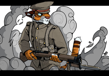 anthro blue_eyes clothing ears_back gun hat headgear headwear long_tail male military military_cap military_hat military_jacket military_pants military_uniform pivoted_ears ranged_weapon smoke soldier solo tail uniform warrior weapon mawkvlt felid mammal pantherine tiger 2020