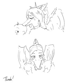 anthro bald bone_frill canon_couple clothed clothed_anthro clothed_female clothing dino_nugget duo eyebrows eyes_closed feathered_wings feathers female food_in_mouth frill_(anatomy) front_view hair happy human_on_anthro interspecies kissing_head long_hair looking_at_another male male/female markings raised_inner_eyebrows romantic romantic_couple simple_background striped_markings stripes surprised text white_background wide_eyed wings rehikir cavemanon_studios goodbye_volcano_high ko_op_(game_developer) snoot_game anon_(snoot_game) fang_(gvh) human mammal prehistoric_species pterosaur reptile scalie english_text greyscale monochrome multiple_images