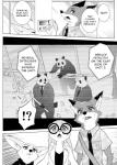 anthro clothing dialogue female fur male text namagakiokami disney zootopia finnick_(zootopia) nick_wilde tracy_siren bear canid canine fennec_fox fox giant_panda lagomorph leporid mammal rabbit red_fox true_fox comic english_text hi_res monochrome