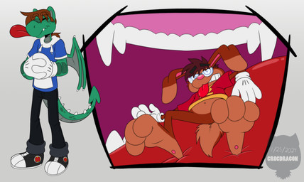 3_toes 4_fingers anthro big_feet big_tongue cartoon_gloves curling_toes dazed dizzy dizzy_eyes duo ears_down feet fingers inside_mouth licking licking_lips licking_own_lips lying male male/male mawplay on_back pawpads paws pivoted_ears red_tongue soft_vore soles tail toes tongue tongue_out toony vore wings crocdragon89 mythology joshua_edgars_(crocdragon89) roderick_(tamerkoh) toon_joshua_edgars_(crocdragon89) dragon lagomorph leporid mammal mythological_creature mythological_scalie rabbit scalie absurd_res hi_res