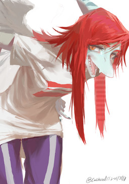 alternative_fashion anthro bent_over biped blue_body blue_scales bone_frill bottomwear breasts claws clothed clothed_anthro clothed_female clothing feathered_wings feathers female finger_claws fingers frill_(anatomy) grey_body grey_feathers hair humanoid_hands long_hair looking_at_viewer looking_down low-angle_view markings medium_breasts non-mammal_breasts open_mouth open_smile orange_eyes pants purple_bottomwear purple_clothing purple_pants red_hair scales scene_(fashion) scene_haircut sharp_teeth shirt simple_background smile solo standing striped_markings stripes teeth text topwear white_background white_clothing white_shirt white_topwear wings catheadyy goodbye_volcano_high ko_op_(game_developer) fang_(gvh) prehistoric_species pterosaur reptile scalie 2025 absurd_res artist_name colored dated hi_res shaded nonbinary_(lore)