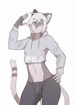 clothed clothing femboy fur grey_body grey_fur hoodie legwear looking_at_viewer male midriff navel simple_background smile solo text text_on_clothing text_on_hoodie text_on_topwear topwear notglacier fila silvermist_(notglacier) felid mammal pantherine snow_leopard hi_res