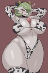 animal_print animal_print_bikini animal_print_thigh_highs armwear bedroom_eyes big_breasts bikini blush bodily_fluids breasts breath brown_background camel_toe clothing cow_print cow_print_armwear cow_print_bikini cow_print_thigh_highs elbow_gloves eyelashes fake_cow_ears fake_cow_horns fake_ears fake_horns female glistening glistening_body gloves green_hair hair hands_behind_head handwear heart_symbol highleg_bottomwear huge_breasts legwear looking_at_viewer narrowed_eyes navel open_mouth partially_visible_vulva pattern_bikini pattern_clothing pattern_legwear pattern_swimwear pattern_thigh_highs raised_arms red_eyes seductive short_hair simple_background solo sweat sweatdrop swimwear thick_thighs thigh_highs two-piece_swimsuit white_body white_skin wide_hips inumatori nintendo pokemon gardevoir generation_3_pokemon humanoid pokemon_(species) hi_res