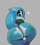 anthro balls big_butt black_clothing black_shirt black_topwear blue_body blue_skin blue_tail bottomless butt clothed clothing genitals glistening glistening_balls glistening_body glistening_butt glistening_eyes glistening_genitalia glistening_skin green_eyes grey_background grey_balls grey_body grey_skin huge_butt light looking_at_viewer looking_back looking_back_at_viewer male mostly_nude multicolored_body nude pupils question_mark rear_view shirt shirt_only short_tail simple_background solo tail tendrils text thick_thighs topwear topwear_only two_tone_body two_tone_tail white_pupils white_sclera wide_hips sqoon skoon_(character) alien puwa colored colored_sketch digital_drawing_(artwork) digital_media_(artwork) digital_painting_(artwork) hi_res lighting painting_(artwork) portrait shaded sketch three-quarter_portrait
