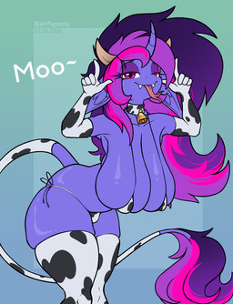 anthro belly big_breasts breasts cow_suit curved_horn female female_anthro horn huge_breasts solo tongue tongue_out unicorn_horn airfly-pony elepatrium_universe miranda_(airfly-pony) 2026 hi_res
