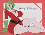 3_fingers belt big_breasts biped bite biting_lip biting_own_lip border breasts christmas_clothing cleavage clothed clothing dress eyebrows eyelashes eyewear female fingers glasses green_body green_hair green_skin hair holidays looking_at_viewer not_furry pupils red_border red_clothing red_dress red_eyes self_bite side_view simple_background sitting slit_pupils solo text thick_thighs tight_clothing white_background white_body white_skin wide_hips runawaystride christmas nintendo pokemon fan_character gardevoir generation_3_pokemon humanoid pokemon_(species) artist_name english_text hi_res