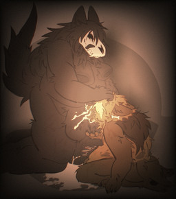 anthro ball_fondling balls big_balls big_breasts bodily_fluids bone breasts cum cum_inflation cum_inside duo ejaculation fondling genital_fluids genitals gynomorph inflation intersex intersex/intersex kneeling licking licking_lips obese oral overweight skull skull_head tongue tongue_out sudo7 canid hyena malo mammal hi_res