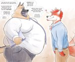 anthro belly big_belly clothing dialogue duo eye_contact gazing happy heart_symbol helping looking_at_another male male/male motion_lines obese open_mouth overweight overweight_anthro overweight_male size_difference smaller_male smile speech_bubble stretched_shirt tail tail_motion tailwag talking_to_another text tundrarodi canid canine fox mammal absurd_res english_text hi_res