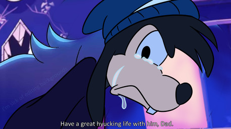 anthro beanie big_nose black_body black_eyebrows black_fur black_hair black_nose blue_beanie blue_clothing blue_hat blue_headwear blue_jacket blue_topwear bodily_fluids buckteeth building clothed clothed_anthro clothed_male clothing cosplay crossover_cosplay crying dialogue eyebrows frowning_at_viewer fur hair hat headgear headwear jacket looking_at_viewer male male_anthro multicolored_body outside purple_clothing purple_shirt purple_topwear sad screencap screencap_background shirt short_hair side_view solo tan_body tan_skin tears tears_of_sadness teeth text topwear two_tone_body window insert-thenewbl-here disney goof_troop hellaverse helluva_boss max_goof octavia_(helluva_boss) canid canine canis domestic_dog mammal 2025 bust_portrait crossover digital_drawing_(artwork) digital_media_(artwork) english_description english_text flat_colors portrait