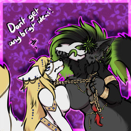 accessory angry anthro big_breasts biped black_body black_fur black_hair blonde_hair bodily_fluids bound breast_squish breasts chain chain_leash chained collar dripping duo ear_piercing female female/female flower fur green_body green_fur green_hair hair jewelry leash piercing plant ring saliva saliva_drip slightly_chubby slightly_chubby_female squish teasing tongue white_body white_fur misslovely evie_(doc7821) nadilya_(heliocintrini) canid canine canis fox mammal monster skulldog_(species) 1:1 bad_metadata digital_media_(artwork) hi_res md5_mismatch