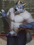 anthro beard blue_body blue_eyes blue_glans blush bodily_fluids bottomwear chalk chalkboard claws clothed clothing embarrassed facial_hair foreskin fur genital_fluids genitals glans hair horn horn_jewelry jewelry male muscular muscular_anthro muscular_male pants penis precum pubes shirt solo topwear mystikfox61 howlitebadger badger mammal mustelid musteline 3:4 hi_res