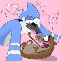 blush drunk duo exclamation_point fur half-closed_eyes heart_symbol male narrowed_eyes open_mouth pink_background question_mark simple_background substance_intoxication da~blueguy cartoon_network regular_show mordecai_(regular_show) rigby_(regular_show) avian bird blue_jay corvid jay_(bird) mammal new_world_jay oscine passerine procyonid raccoon 1:1 2017 low_res
