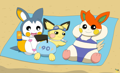 beach beach_towel bikini clothed clothing crossdressing crossdressing_male eyewear eyewear_on_head female female_feral feral fur goggles goggles_on_head group male male_feral one-piece_swimsuit orange_body orange_fur sling_bikini sunscreen swimwear towel trio two-piece_swimsuit white_body white_fur yellow_body yellow_fur pichu90 nintendo pokemon nise_pawmo sparks_pichu yarn_emolga emolga generation_2_pokemon generation_5_pokemon generation_9_pokemon pawmo pichu pokemon_(species) hi_res