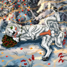 anus balls black_nose blue_eyes candy_cane_in_mouth christmas_tree feral front_view fur genitals heterochromia holidays knot lying male on_side orange_eyes outside penis plant presenting presenting_anus presenting_penis red_penis shrub snow solo spread_legs spreading text tree white_balls white_body white_fur msdeadsoul christmas canid canine mammal 1:1 2023 artist_name dated hi_res