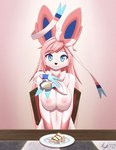 anthro areola blue_eyes cake cheesecake cute_fangs dessert fangs female food hair long_hair looking_at_viewer nipples nude pink_hair ribbons_(anatomy) smile solo teeth myssedakes nintendo pokemon eeveelution generation_6_pokemon pokemon_(species) sylveon absurd_res hi_res