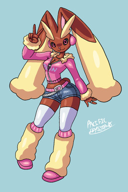 anthro bottomwear clothing denim denim_bottomwear denim_clothing female hoodie hotpants leg_warmers legwear pink_clothing shorts solo topwear pacifickeystone nintendo pokemon generation_4_pokemon lagomorph lopunny mammal pokemon_(species) 2:3 hi_res