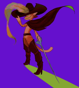 anthro belt big_feather boots cape clothing ears_back flowing_clothing footwear fur fuzzy green_eyes grin hand_on_hat hat headgear headwear high_heeled_boots high_heels holding_object holding_weapon legwear long_feather looking_at_viewer male melee_weapon narrowed_eyes orange_body orange_fur pivoted_ears pose purple_background rapier sharp_teeth shoes simple_background skinny smile solo standing sword tail teeth thigh_boots thigh_highs weapon whiskers wind kirbyzitos dreamworks puss_in_boots_(franchise) puss_in_boots_(dreamworks) domestic_cat felid feline felis mammal tabby_cat hi_res