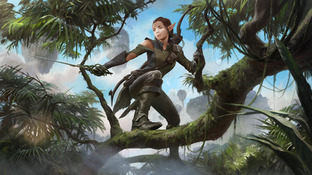 boots bottomwear branch brown_hair clothing detailed_background female floating_rocks footwear forest hair holding_melee_weapon holding_object holding_rapier holding_sword holding_weapon humanoid_pointy_ears jungle looking_aside melee_weapon not_furry on_branch outside pants plant pointy_ears quiver_(object) rapier shoes solo sword tree weapon wesley_burt hasbro magic:_the_gathering wizards_of_the_coast nissa_revane elf humanoid hi_res official_art