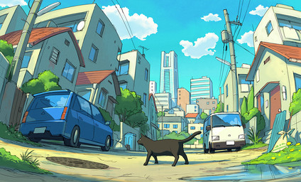 ambiguous_gender bag black_body black_fur building car city cloud day detailed_background door feral flower fur grass house laundry manhole manhole_cover medium_truck outside plant power_lines puddle road satellite_dish shrub sky skyscraper solo street street_lamp tail trash_bag trash_can tree truck utility_pole van vehicle window ka92 domestic_cat felid feline felis mammal 2010 wallpaper