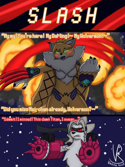anthro arm_cannon blush claw_(weapon) cybernetic_limb cybernetics dialogue duo explosion female female/female gauntlet_blades glowing glowing_eyes looking_away_from_explosion machine mask melee_weapon missile_pod night ranged_weapon slashing smile smiling_at_another smiling_at_partner weapon vanilla_road bandai_namco digimon digimon_story:_time_stranger cyborg digimon_(species) domestic_cat felid feline felis mammal meicrackmon meicrackmon_normal_mode wolvermon 3:4 absurd_res comic hi_res