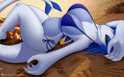 anthro big_breasts bikini breasts clothed clothing female female_anthro hair outside sand solo swimwear two-piece_swimsuit white_body chia_mio nintendo pokemon generation_2_pokemon legendary_pokemon lugia pokemon_(species) hi_res