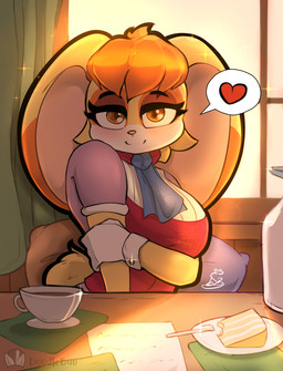 anthro big_ears breasts cake cake_slice clothing container cup dessert dress eyebrows eyelashes female food furniture gloves hair half-closed_eyes handwear heart_symbol long_ears looking_at_viewer mature_female narrowed_eyes orange_eyes orange_hair paper pillow short_hair smile solo speech_bubble table text doodlebun sega sonic_the_hedgehog_(series) vanilla_the_rabbit lagomorph leporid mammal rabbit 2025 artist_name hi_res pictographics