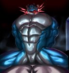 abs animal_genitalia anthro barazoku biceps big_muscles bodily_fluids duo genital_slit genitals huge_muscles male muscular muscular_anthro muscular_male pose power_bottom sitting sweat tongue tongue_out snoway nintendo pokemon generation_6_pokemon mega_evolution mega_swampert pokemon_(species) hi_res