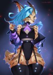 anthro blue_eyes blue_hair clothing collar ear_piercing fluffy hair jacket legwear male piercing simple_background solo spiked_collar spikes stockings thick_thighs topwear liloli_(artist) lynxie felid feline lynx mammal hi_res