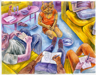 anthro blue_bottomwear blue_clothing blue_pants bottomwear bowl breasts brown_body brown_bottomwear brown_clothing brown_fur brown_shorts clothing coffee_table container creating_art cup cutlery detailed_background drawing_(action) drawing_(object) drinking_glass female figure_drawing footwear fork fur furniture glass glass_container glass_cup group humanoid_hands inside kitchen_utensils kneeling male on_sofa orange_bottomwear orange_clothing orange_pants orange_shirt orange_topwear pants pink_body pink_fur plate shirt shoes shorts sitting sitting_on_sofa sofa spray_bottle table tools topwear tv_remote whiskers wine_glass yellow_eyes lisa_hanawalt domestic_cat felid feline felis mammal traditional_media_(artwork)