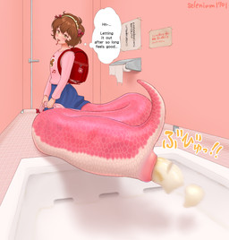 accessory animal_genitalia apode backpack bathroom blue_bottomwear blue_clothing blue_skirt bottomwear brown_hair cloaca clothed clothing colored_feces dialogue feces female forked_tongue genitals hair hair_accessory hairband inside legless loli multicolored_body pink_body pink_clothing pink_shirt pink_topwear pooping print_clothing print_shirt print_topwear public_restroom pupils scales serpentine shirt sign skirt slit_pupils solo sound_effects split_form text thought_bubble toilet toilet_paper toilet_use tongue topwear unusual_feces white_body white_feces young selenium1701 animal_humanoid draconcopode humanoid lamia reptile scalie snake absurd_res artist_name english_text hi_res japanese_text unavailable_at_source
